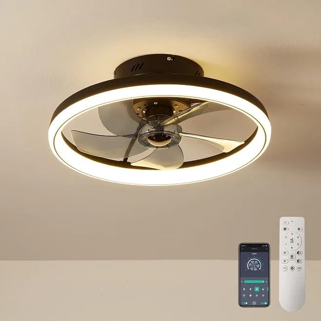 Reversible Ceiling Fans with Lights and Remote 49CM 48W Modern Low Profile Ceiling Fan Light Timing 6 Speeds 3-Color Dimmable Flush Mount Ceiling Fans with Lamps Smart App Control Ceiling Fans [Energy Class A]