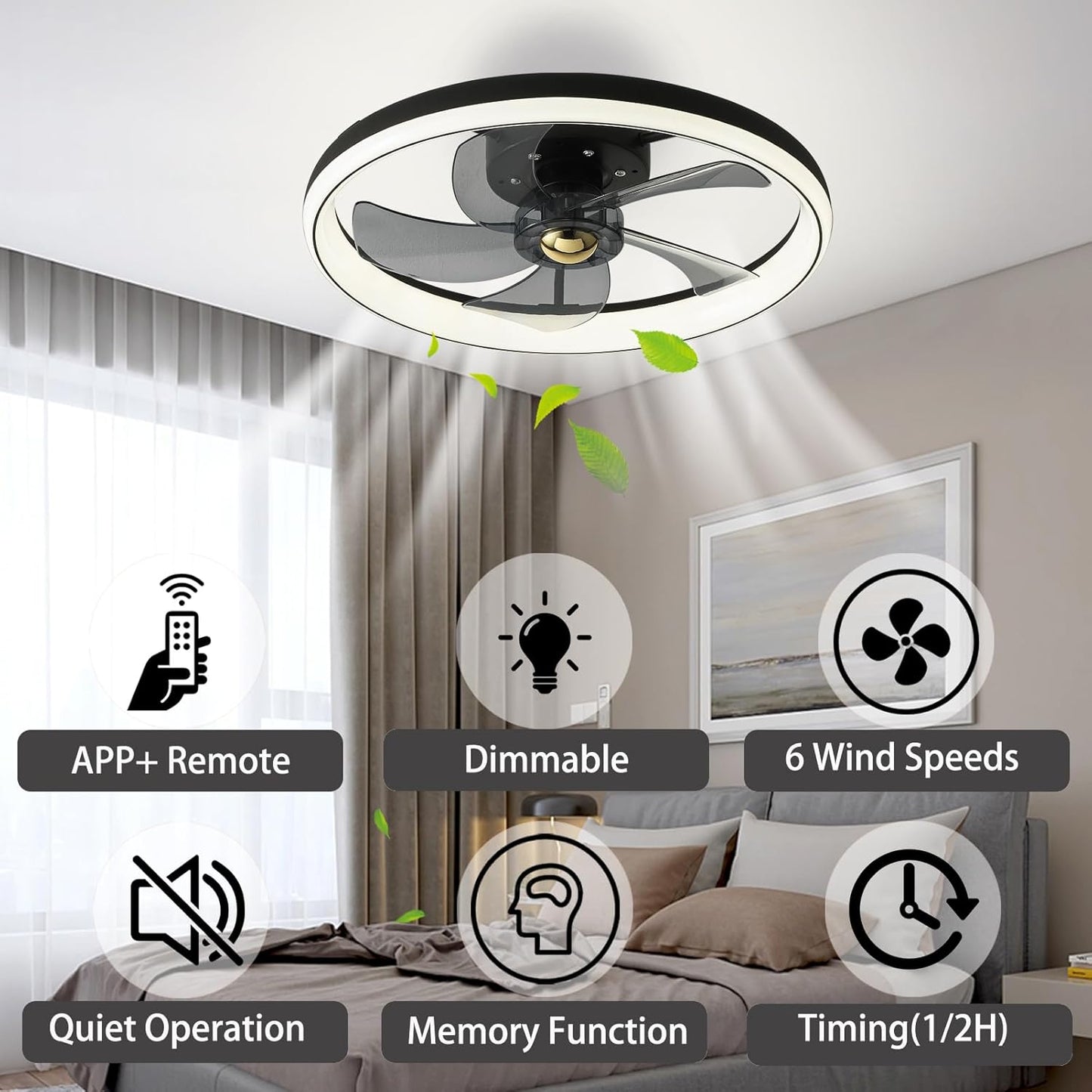 Reversible Ceiling Fans with Lights and Remote 49CM 48W Modern Low Profile Ceiling Fan Light Timing 6 Speeds 3-Color Dimmable Flush Mount Ceiling Fans with Lamps Smart App Control Ceiling Fans [Energy Class A]