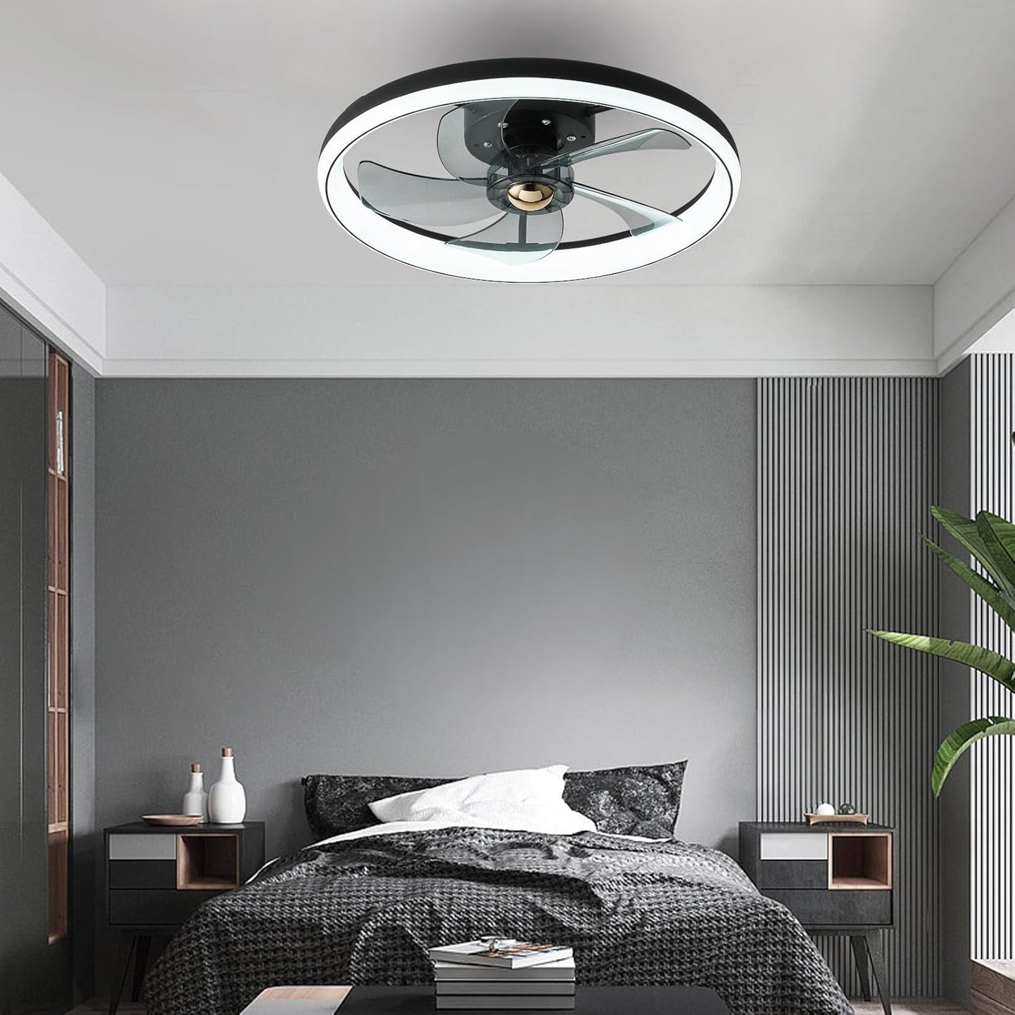 Reversible Ceiling Fans with Lights and Remote 49CM 48W Modern Low Profile Ceiling Fan Light Timing 6 Speeds 3-Color Dimmable Flush Mount Ceiling Fans with Lamps Smart App Control Ceiling Fans [Energy Class A]