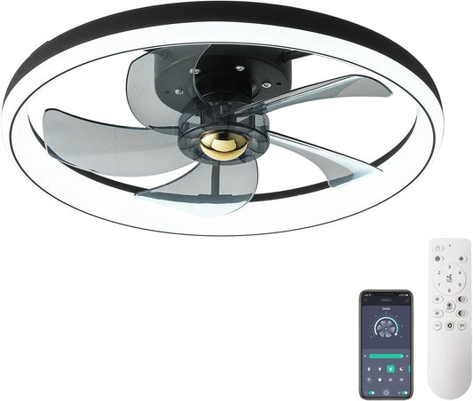 Reversible Ceiling Fans with Lights and Remote 49CM 48W Modern Low Profile Ceiling Fan Light Timing 6 Speeds 3-Color Dimmable Flush Mount Ceiling Fans with Lamps Smart App Control Ceiling Fans [Energy Class A]