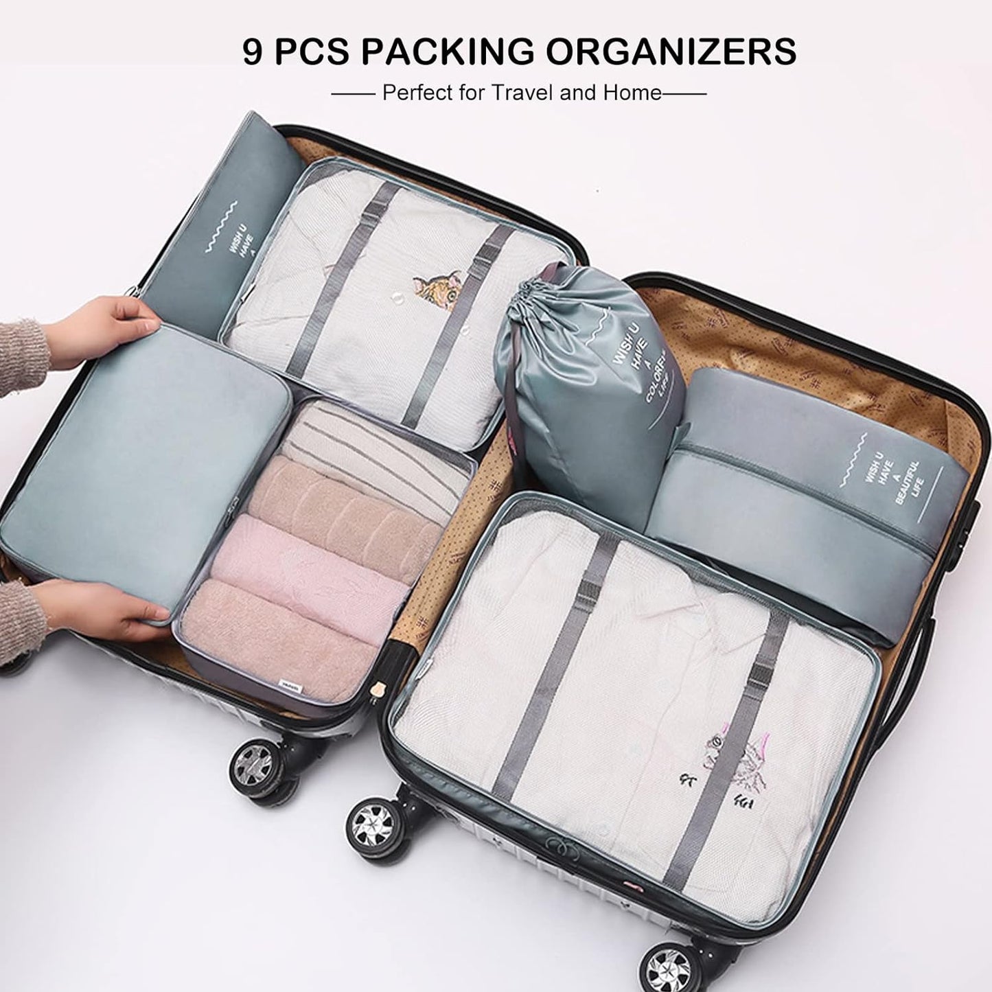 Packing Cubes for Suitcase - 9 PCS Travel Packing Cubes Lightweight Suitcase Organizer Bags Set Luggage Packing Organizer for Travel Accessories with Shoe Bags - Gray