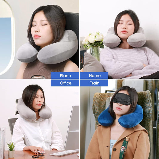 Neck Pillow Inflatable for Airplane Camping Trains and Cars with Blindfold Earplugs, Portable Travel Pillow, Neck Pillow Airplane Inflatable Set of 2