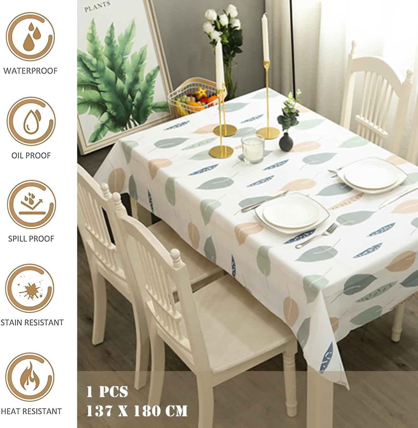 137 * 180cm Wipe Clean PVC Tablecloth,Leaves Pattern Rectangular Large Easy Care Table Cover Reusable Oil-proof Washable Table Cloth for Holiday Dinner Outdoor Picnic