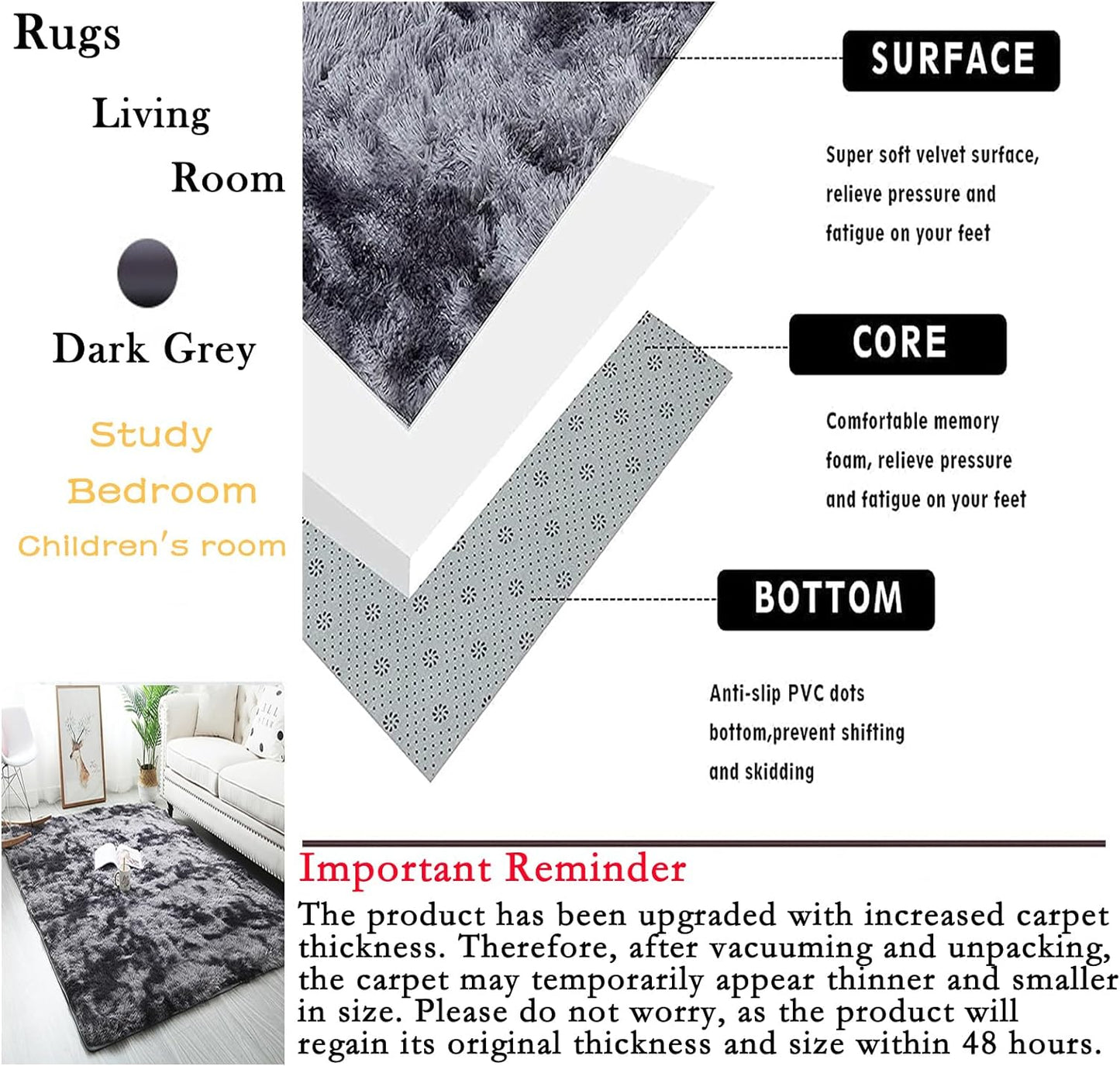 Rug For Living Room Bedroom Soft Shaggy Tie-Dye Area Rugs Plush Fluffy Non-Slip Living Room Rug Indoor Home Kidsroom Decor Carpet (DarkGrey, 80 * 160cm)