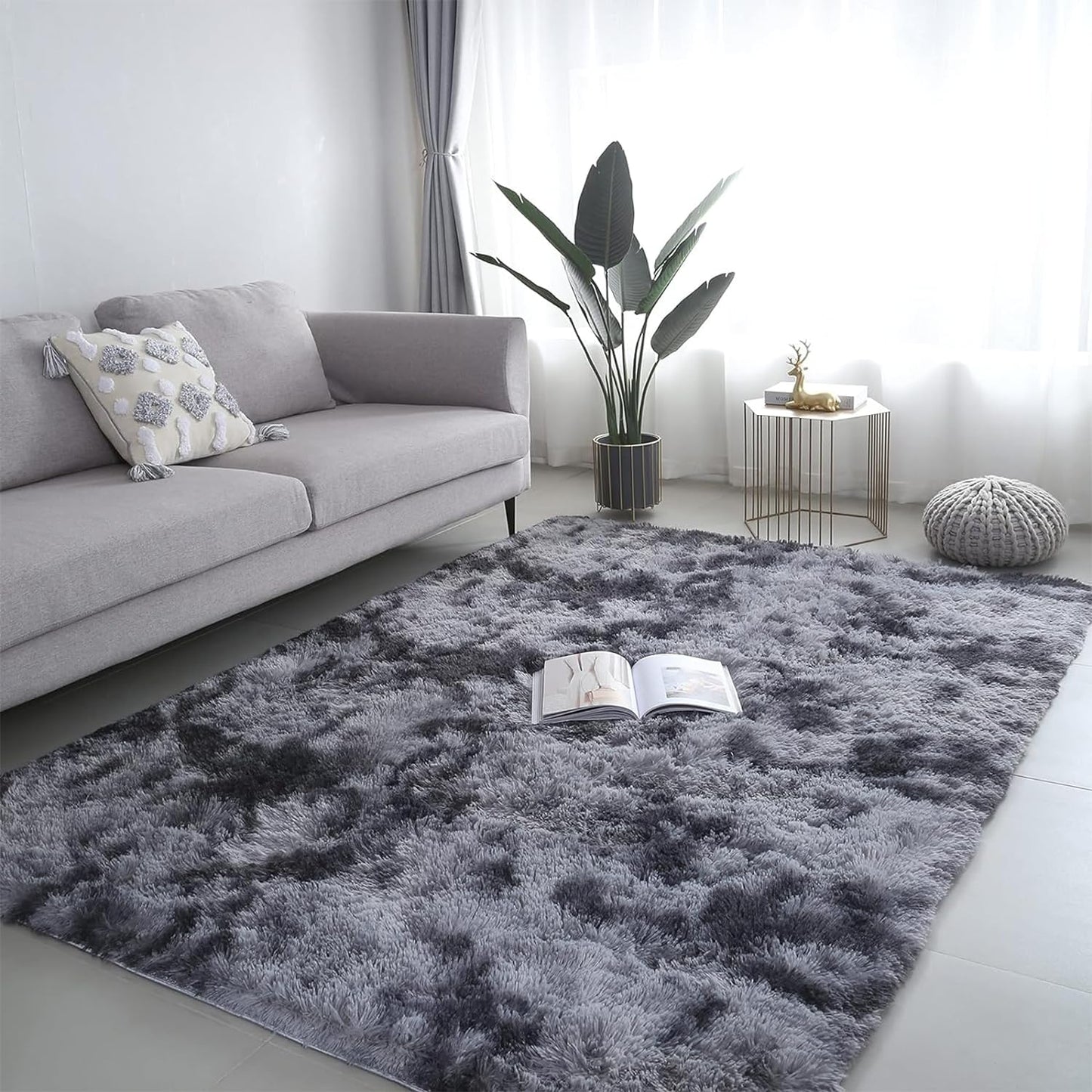 Rug For Living Room Bedroom Soft Shaggy Tie-Dye Area Rugs Plush Fluffy Non-Slip Living Room Rug Indoor Home Kidsroom Decor Carpet (DarkGrey, 80 * 160cm)