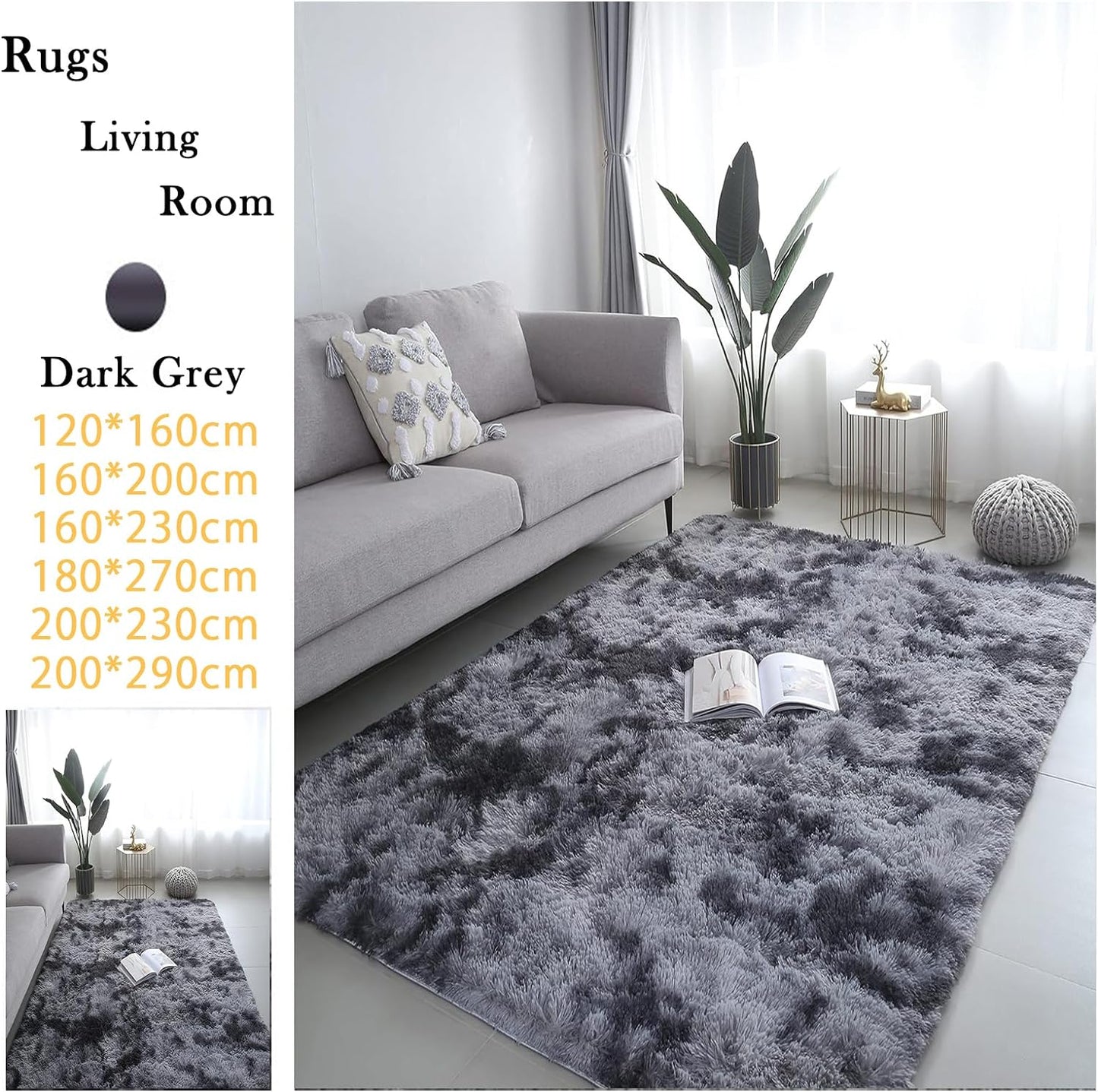 Rug For Living Room Bedroom Soft Shaggy Tie-Dye Area Rugs Plush Fluffy Non-Slip Living Room Rug Indoor Home Kidsroom Decor Carpet (DarkGrey, 80 * 160cm)